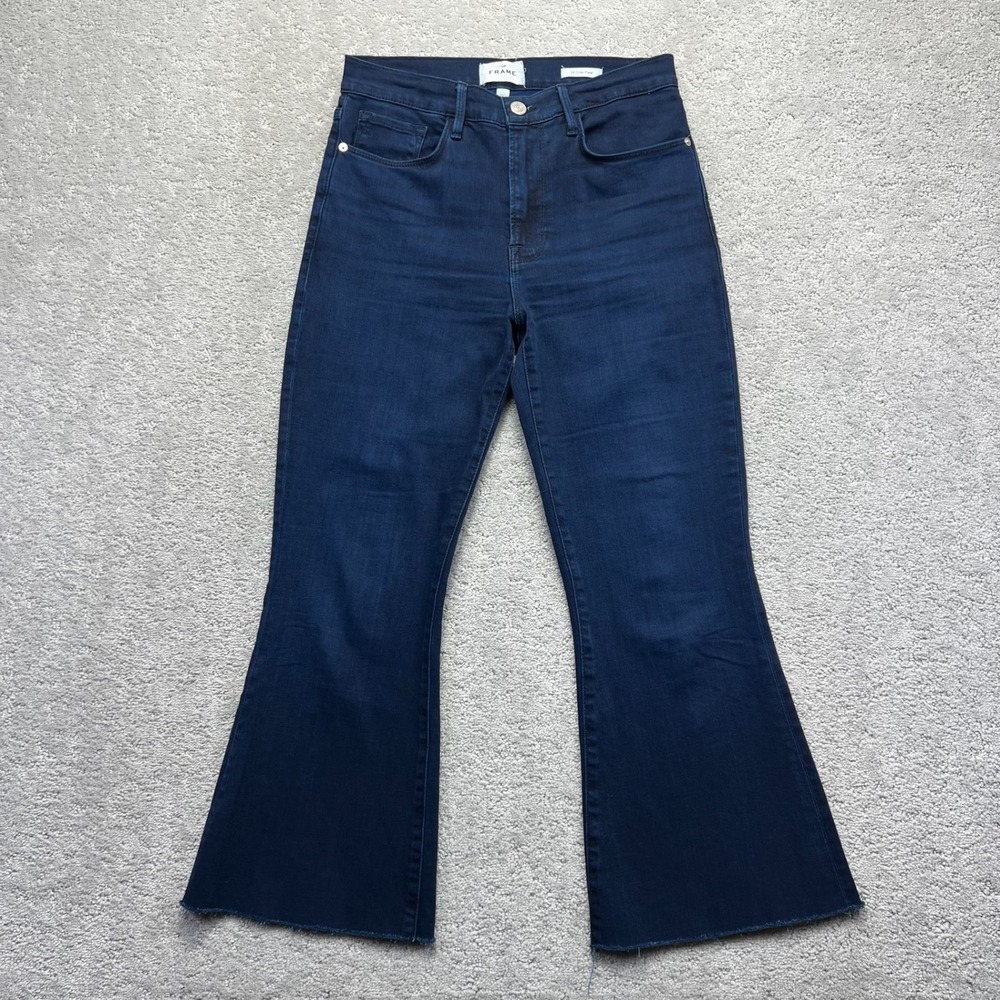 Frame Jeans Womens Size 28 Blue Dark Wash Fiona Le Crop Flare Raw Hem High Rise